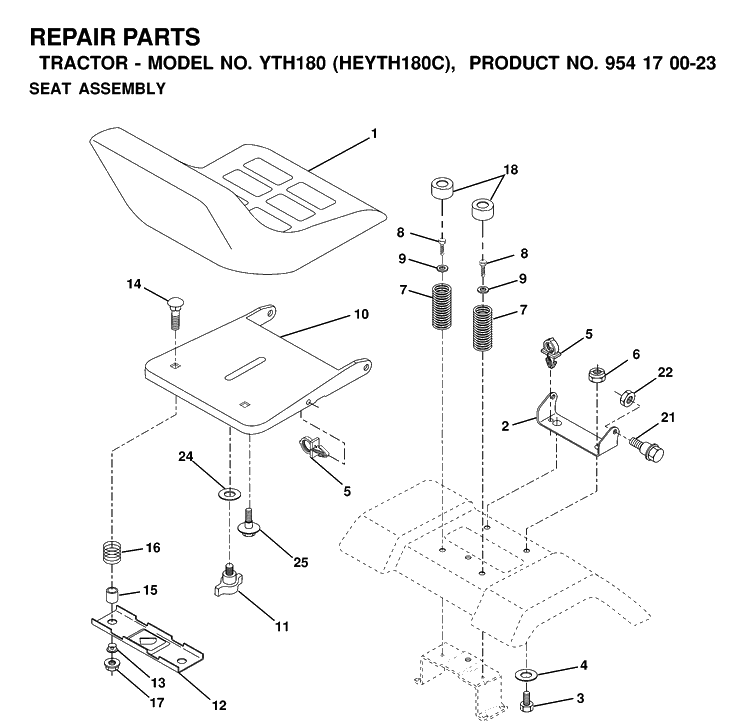 Seat Diagram and Parts List for YTH180 (HEYTH180C)(2000-03) Husqvarna Lawn Tractor