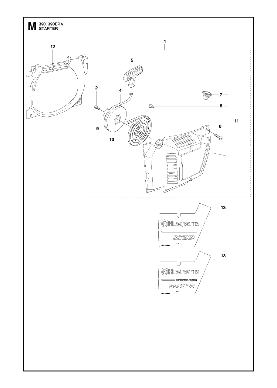 Starter Diagram and Parts List for 390XP-XPG-XPW (EPA)(20101800001 - 20111800000) Husqvarna Chainsaw