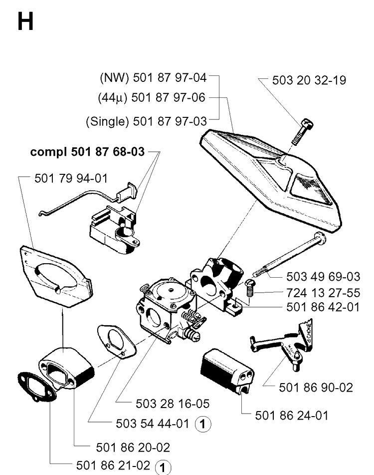 Carburetor And Air Filter Diagram and Parts List for 257 19960100001-19980900000 Husqvarna Chainsaw