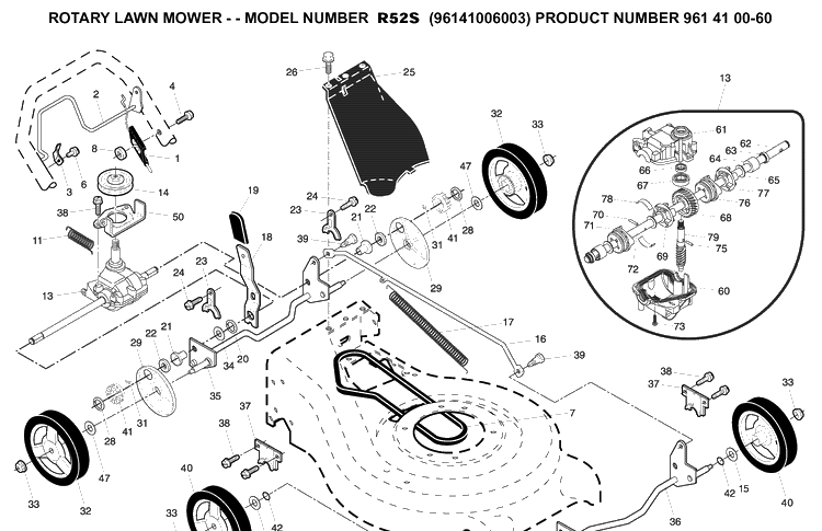 Product Complete Diagram and Parts List for R52S (96141006003)(2007-05) Husqvarna Lawn Mower