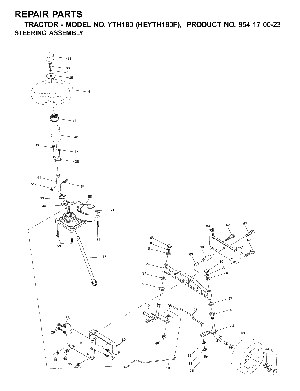 Steering Diagram and Parts List for YTH180 (954170023-F)(2001-03) Husqvarna Lawn Tractor