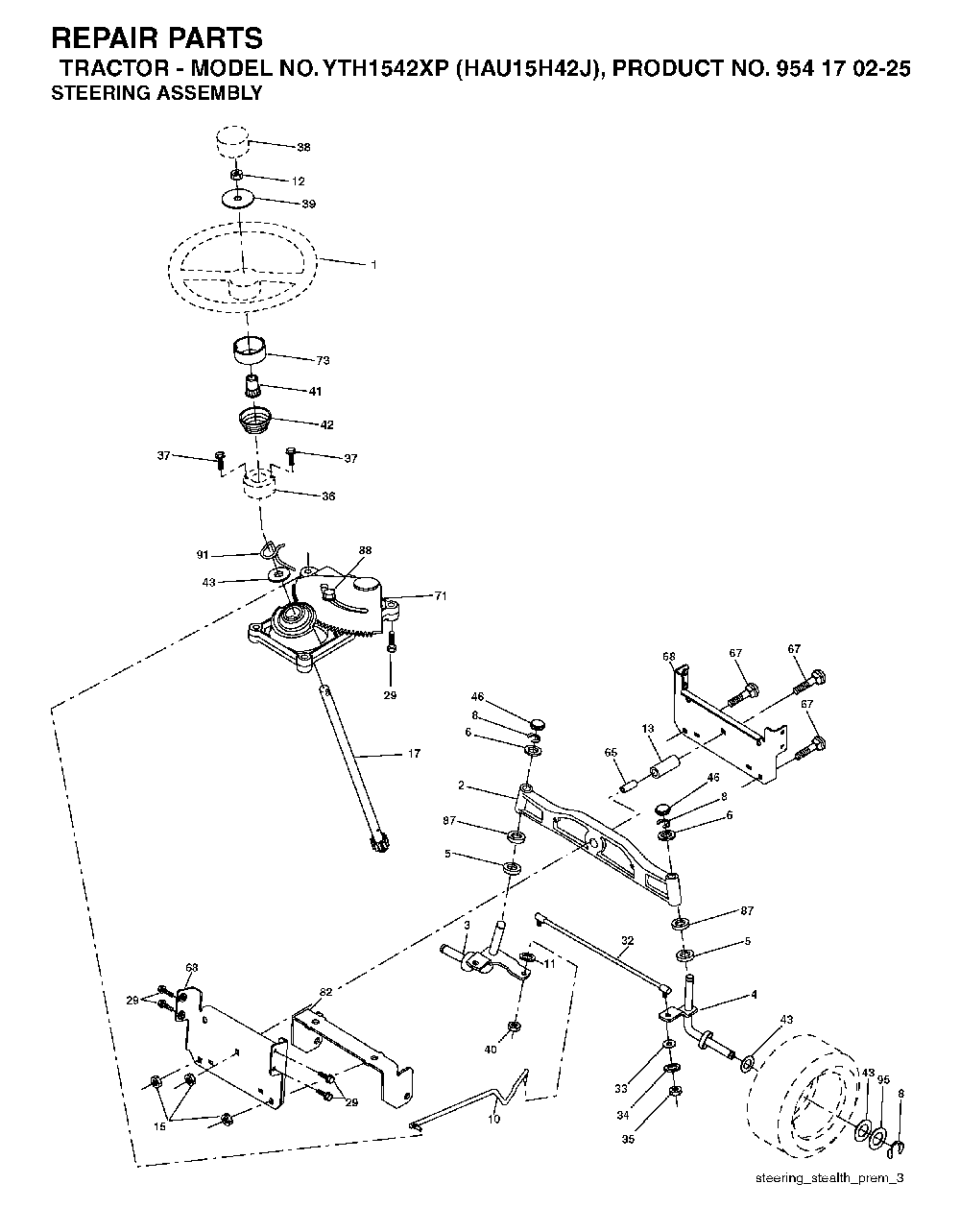 Steering Diagram and Parts List for YTH1542XP (HAU15H42J, 954170225)(2004-09) Husqvarna Lawn Tractor
