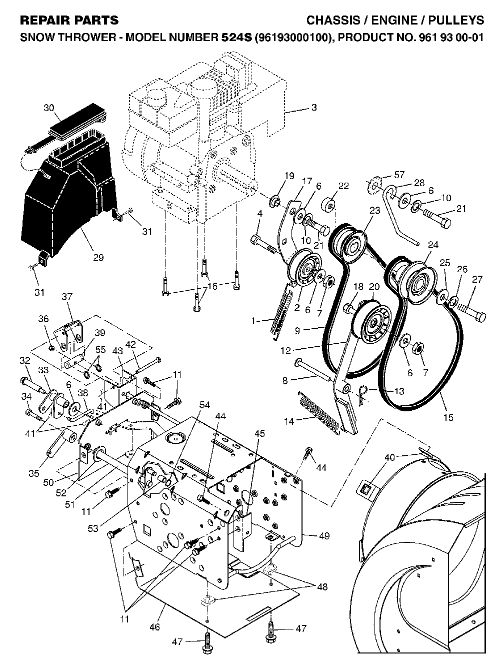 Chassis, Engine And Pulleys Diagram and Parts List for 524S (96193000100)(2006-06) Husqvarna Snow Blower