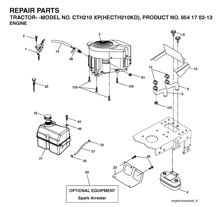 Engine Diagram and Parts List for CTH210XP (HECTH210KD)(2004-06) Husqvarna Lawn Tractor
