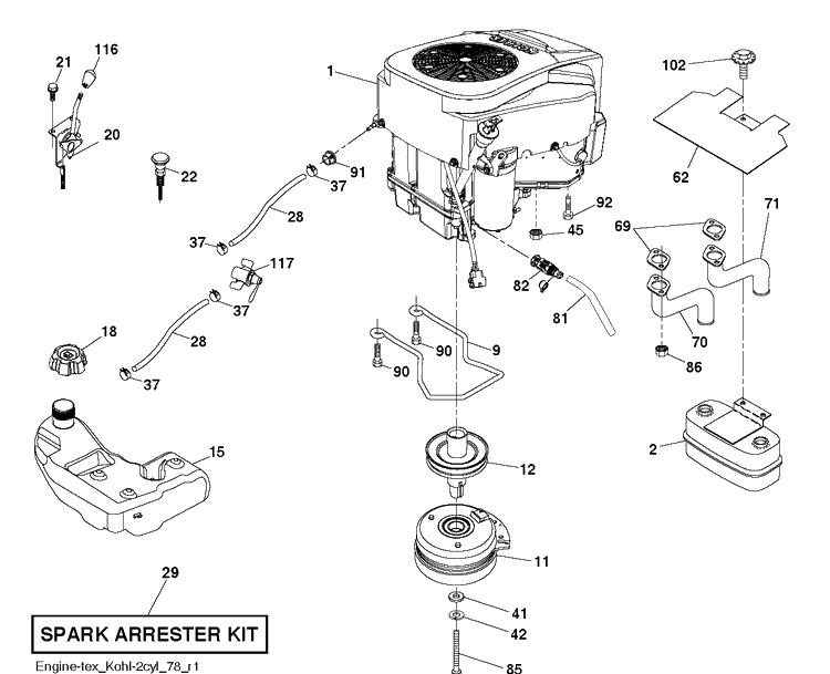 Engine Diagram and Parts List for YT42DXLS (96043028000)(2017-11) Husqvarna Lawn Tractor