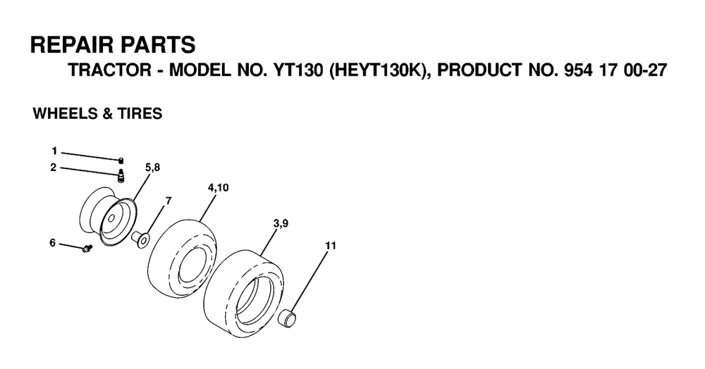 Wheels And Tires 2 Diagram and Parts List for YT130 (954170027-K)(2000-03) Husqvarna Lawn Tractor
