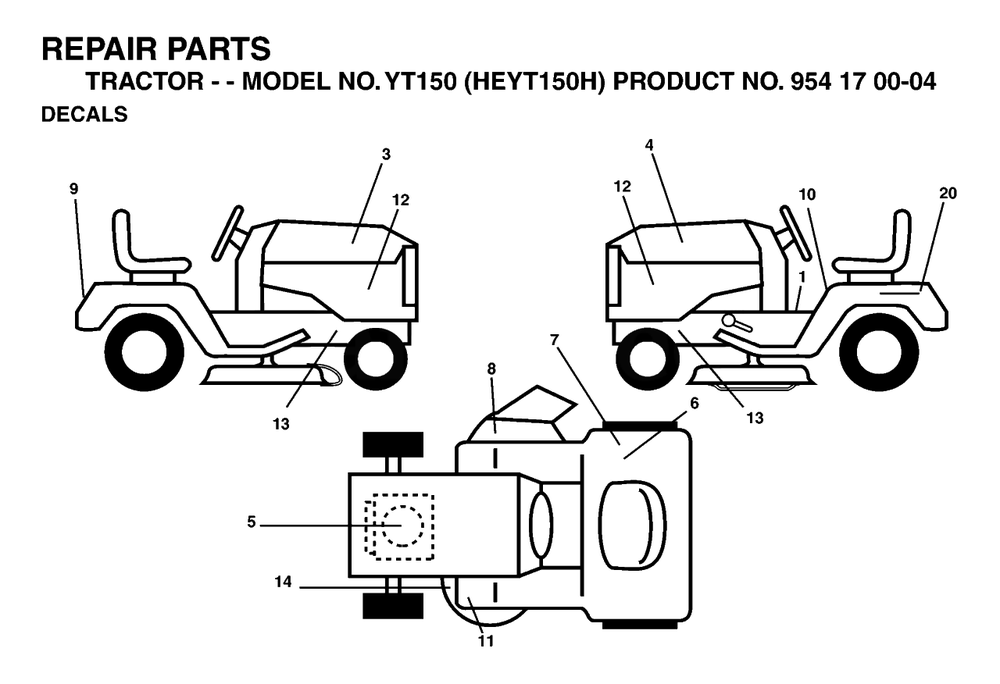 Decals Diagram and Parts List for YT150 (954170004-H)(1996-01) Husqvarna Lawn Tractor