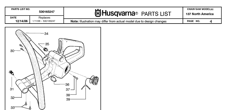 Fuel Tank And Handle Diagram and Parts List for 137 20064900001-20070100000 Husqvarna Chainsaw