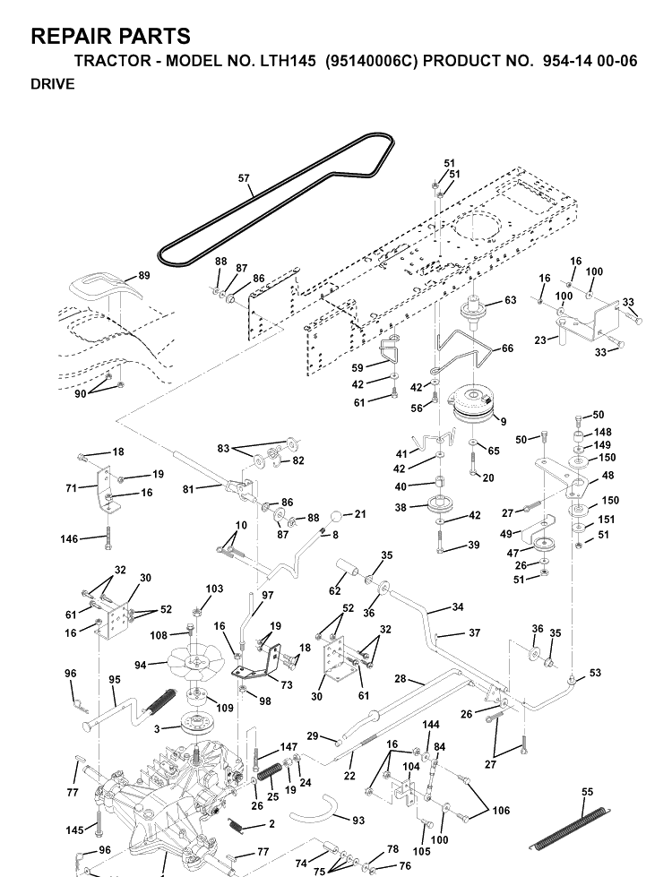 Drive Diagram and Parts List for LTH145 (954140006C)(1998-02) Husqvarna Lawn Tractor