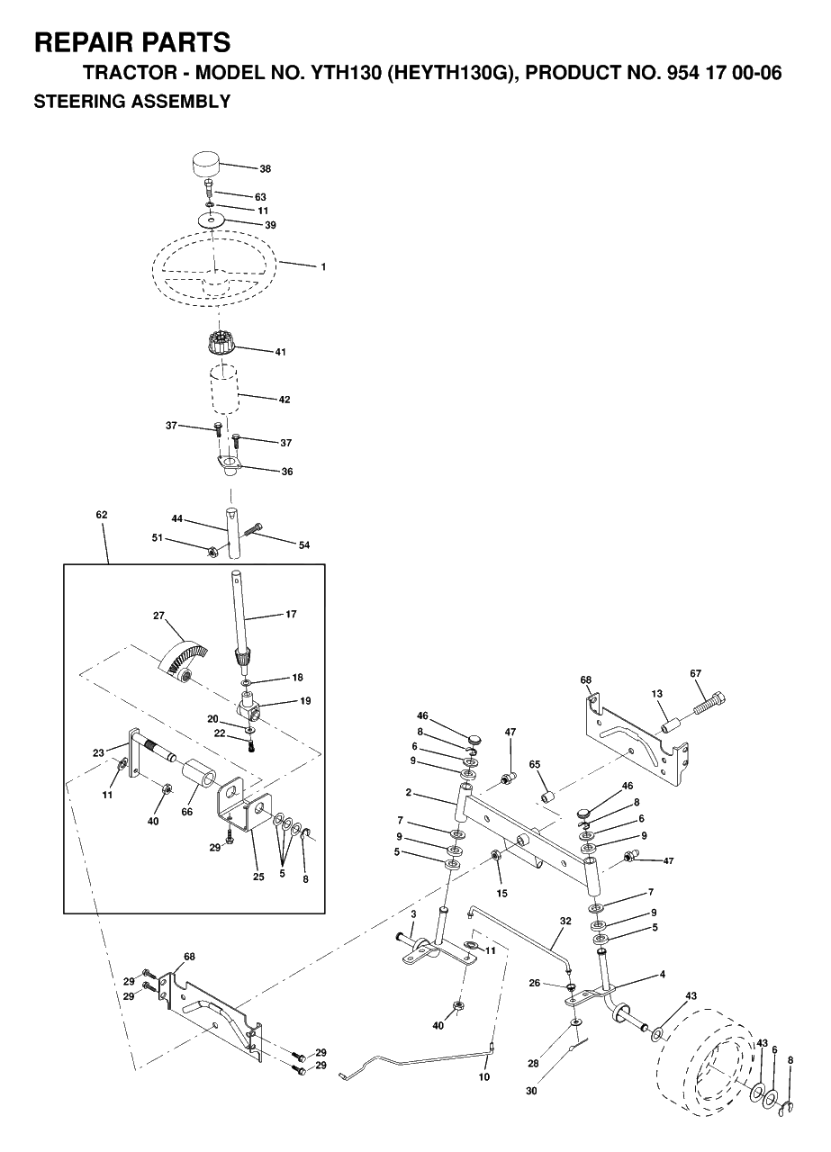 Steering Diagram and Parts List for YTH130 (954170006-G)(1998-12) Husqvarna Lawn Tractor