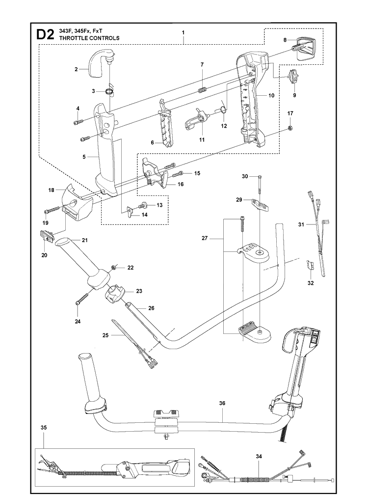 Throttle Controls Diagram and Parts List for 345FX  Husqvarna Brush Cutter
