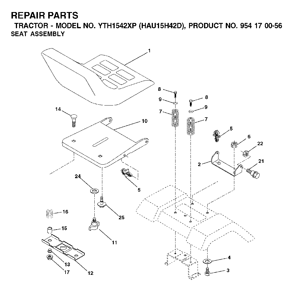 Seat Diagram and Parts List for YTH1542XP (HAU15H42D, 954170056)(2003-01) Husqvarna Lawn Tractor
