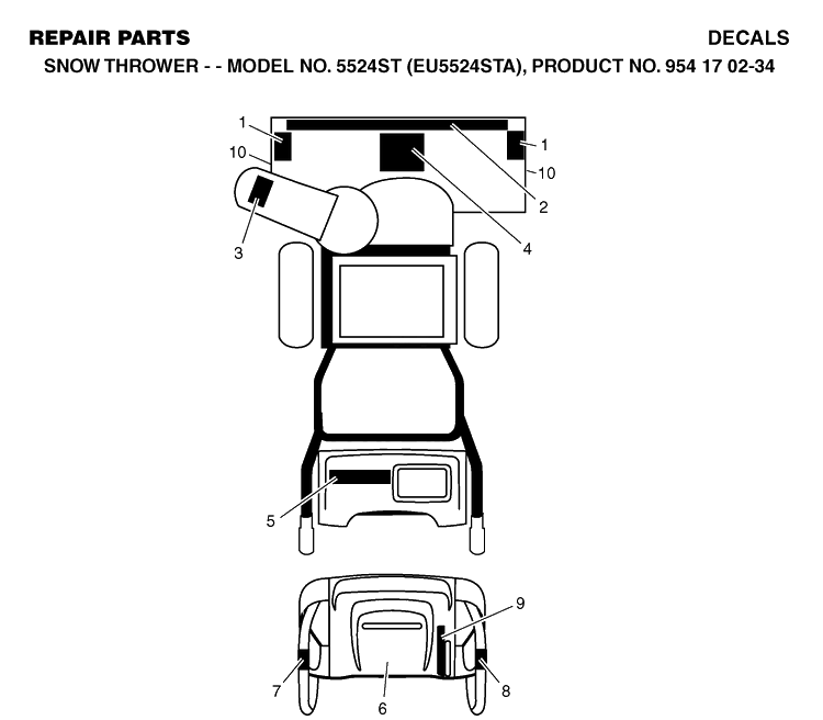 Decals Diagram and Parts List for 5524ST (EU5524STA)(2004-09) Husqvarna Snow Blower