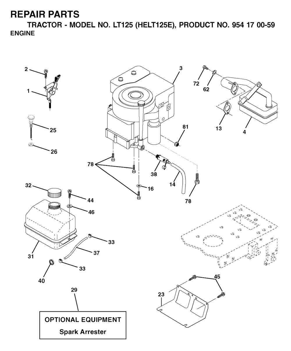 Engine And Cutting Equipment Diagram and Parts List for LT125 (954170059-E)(2002-03) Husqvarna Lawn Tractor