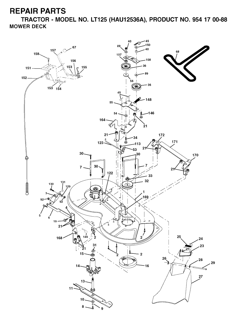 Mower Deck / Cutting Deck Diagram and Parts List for LT125 (954170088-A)(2003-01) Husqvarna Lawn Tractor