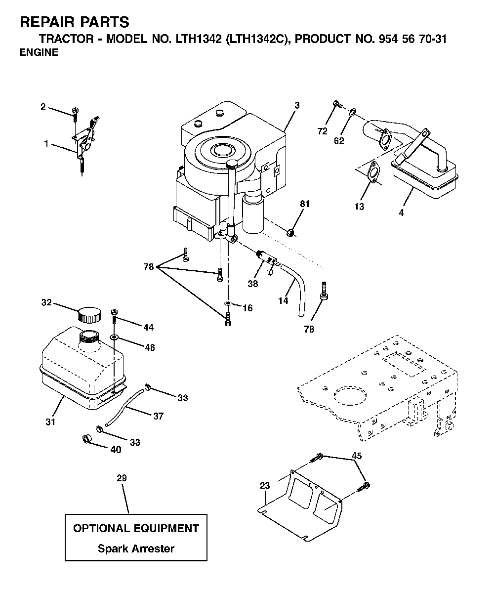 Engine Diagram and Parts List for LTH1342 (LTH1342C, 954567031)(2001-11) Husqvarna Lawn Tractor