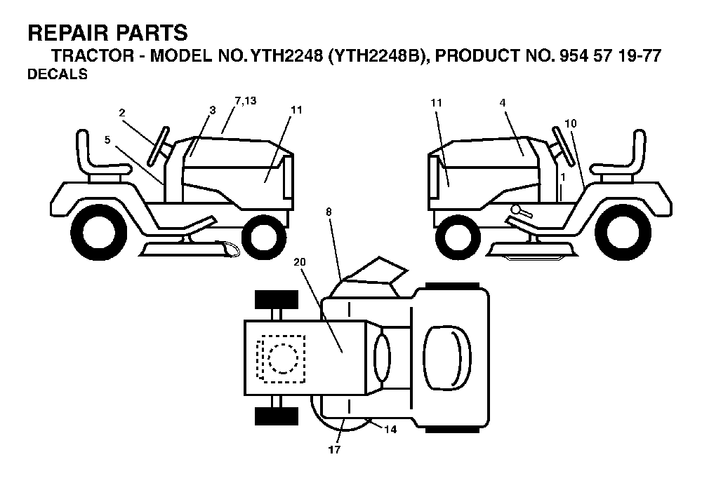 Decals Diagram and Parts List for YTH2248B (954571977)(2004-06) Husqvarna Lawn Tractor