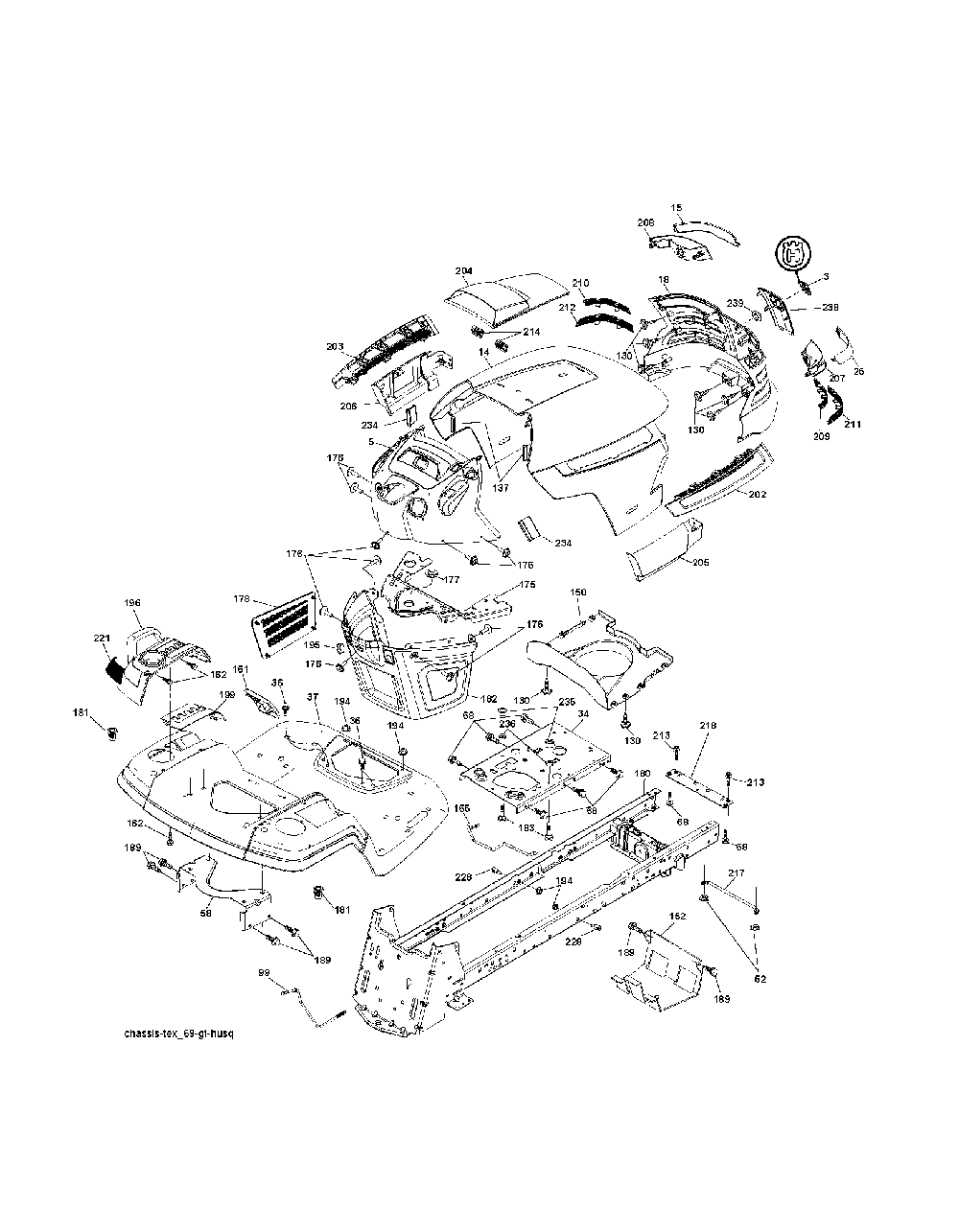 Chassis And Enclosures Diagram and Parts List for GTH260TWIN (96041004501)(2007-10) Husqvarna Lawn Tractor