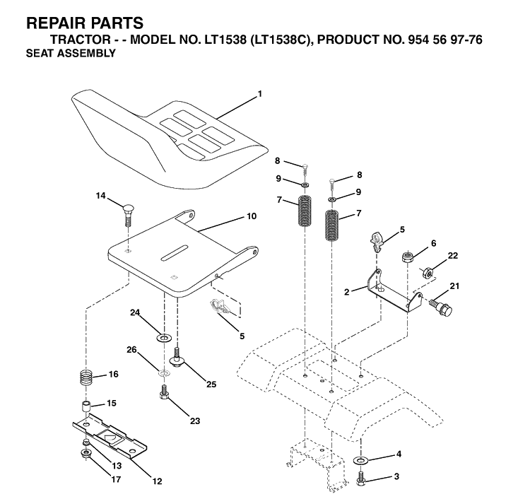 Seat Diagram and Parts List for LT1538-LT1538C 2002-12 Husqvarna Lawn Tractor