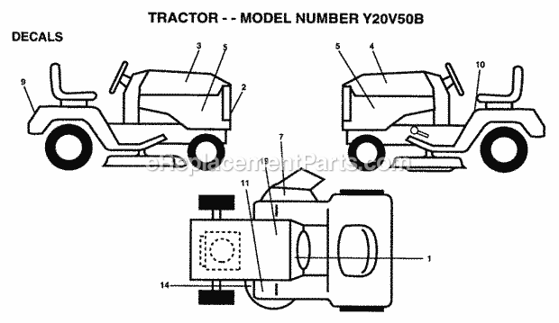 Decals Diagram and Parts List for Y20V50B 1995 Husqvarna Lawn Tractor