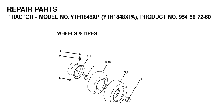Wheels And Tires Diagram and Parts List for YTH1848XP (954567260)(2001-02) Husqvarna Lawn Tractor