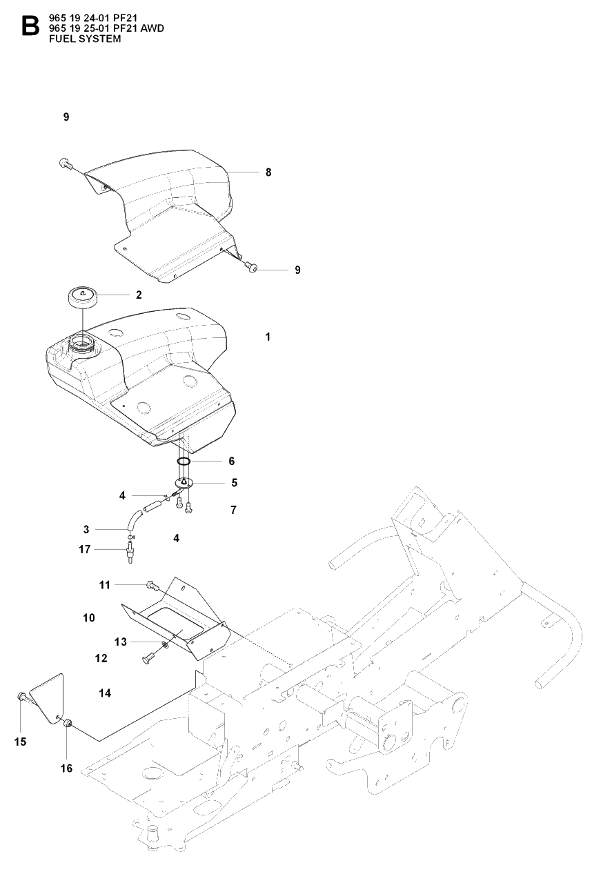 Fuel System Diagram and Parts List for PF21AWD (965192501)(2008-03) Husqvarna Lawn Tractor