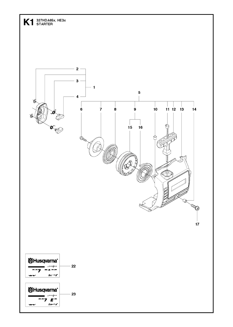 Starter 2 Diagram and Parts List for 327HE3X 20091400001 - 20150400000 Husqvarna Hedge Trimmer