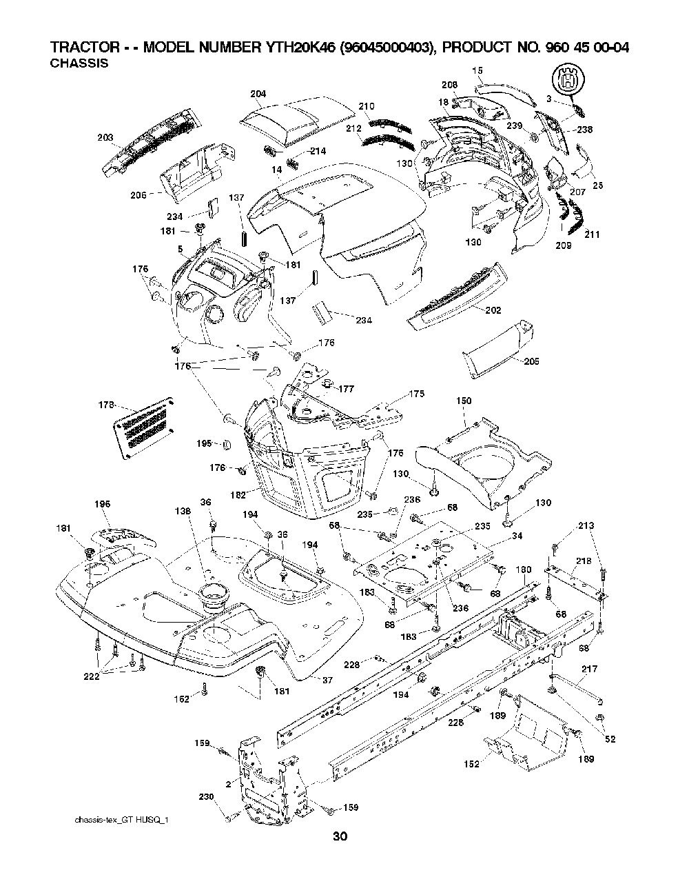 Chassis / Frame Diagram and Parts List for YTH20K4696045000403 2007-10 Husqvarna Lawn Tractor