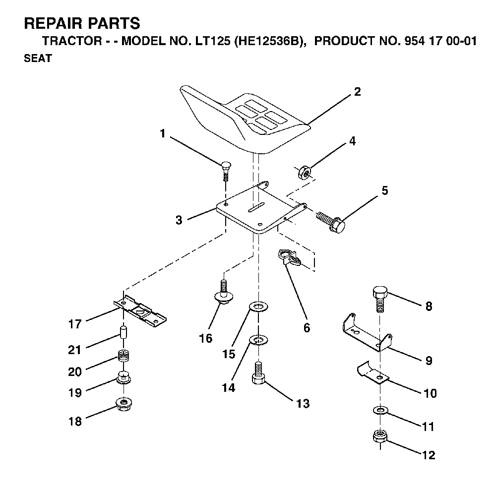 Seat Diagram and Parts List for LT125 (HE12536B, 954170001)(1996-10) Husqvarna Lawn Tractor