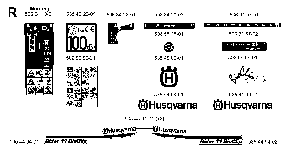 Decals Diagram and Parts List for RIDER11BIOCLIP (953519901)(2004-01) Husqvarna Lawn Tractor