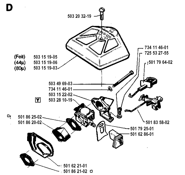 Carburetor And Air Filter Diagram and Parts List for 42 19941400001-19944900000 Husqvarna Chainsaw