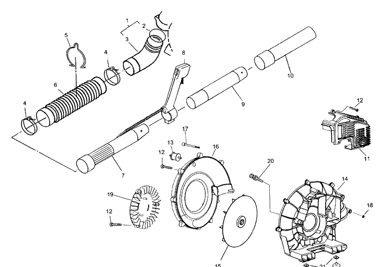 Fan / Housing And Blower Tubes Diagram and Parts List for 125BT 2003-07 Husqvarna Leaf Blower / Vacuum