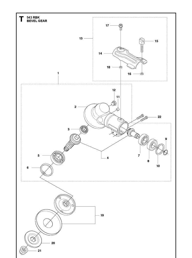 Bevel Gear Diagram and Parts List for 543RBK 20130500001-20182200000 Husqvarna Brush Cutter