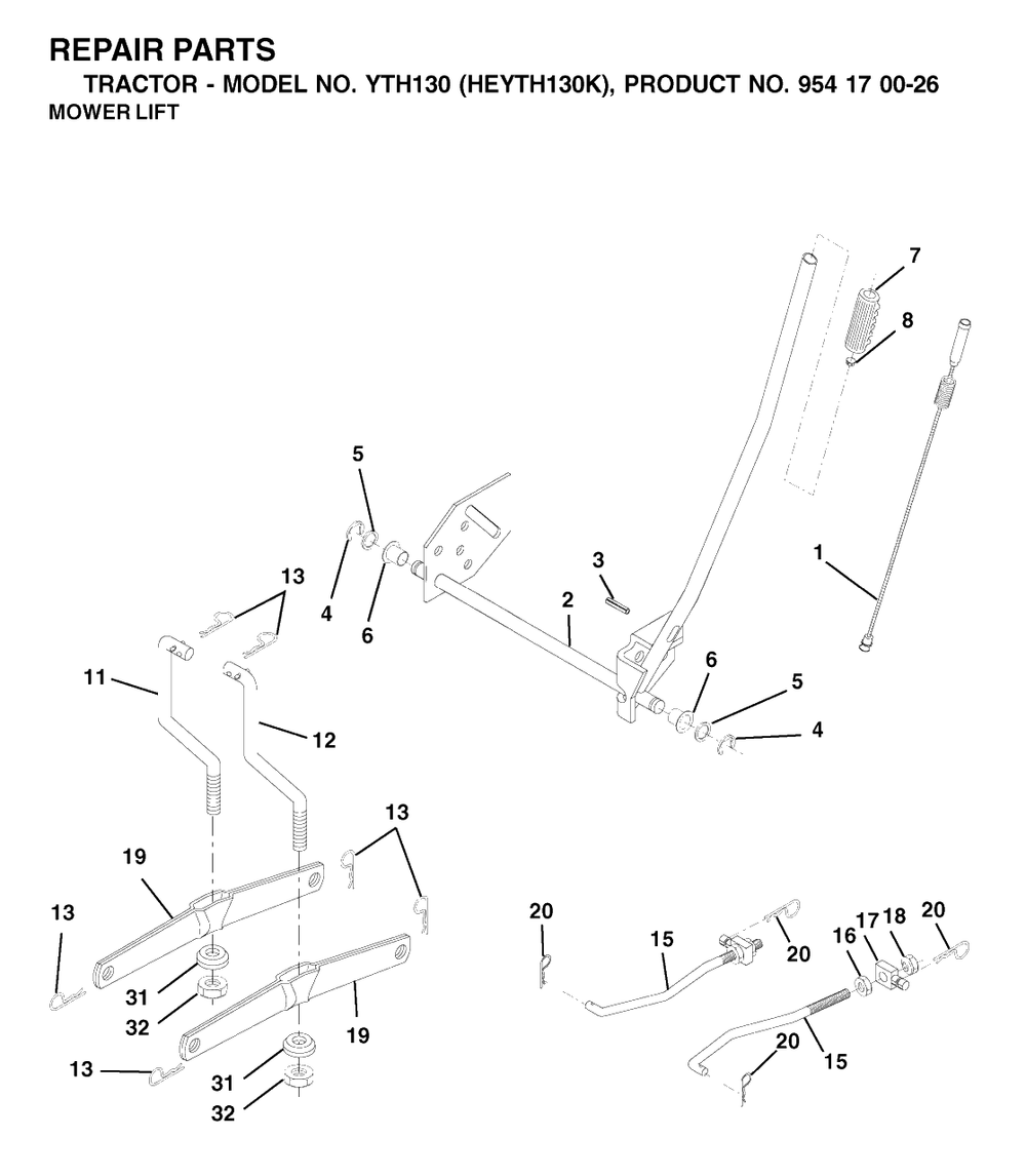 Mower Lift / Deck Lift Diagram and Parts List for YTH130 (954170026-K)(2001-01) Husqvarna Lawn Tractor