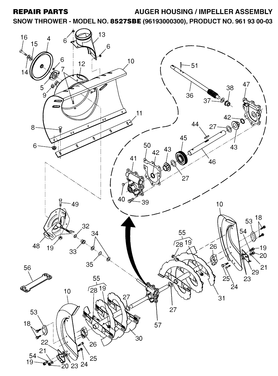 Auger Housing And Impeller Diagram and Parts List for 8527SBE (961930003-00)(2006-05) Husqvarna Snow Blower