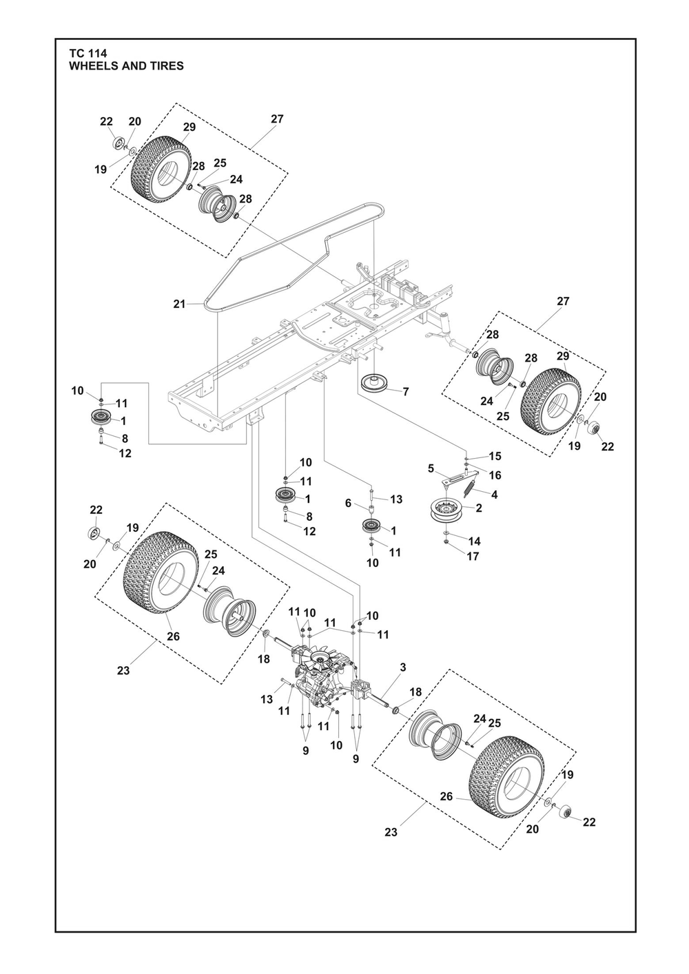 Wheels And Tires Diagram and Parts List for TC114  Husqvarna Lawn Tractor