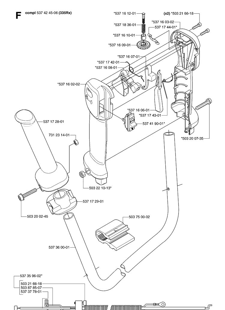 Handle And Controls Diagram and Parts List for 335RX 20070100001-Current Husqvarna Brush Cutter