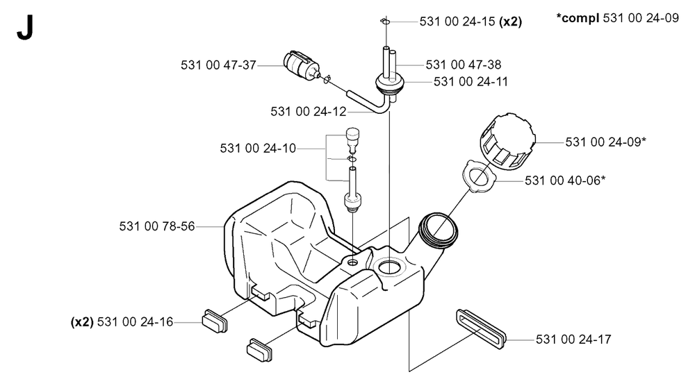 Fuel Tank Diagram and Parts List for 132R 20050100001 & Above Husqvarna Trimmer