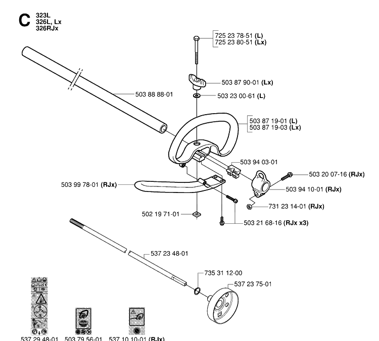 Shaft And Handle Diagram and Parts List for 326RX 20061400001-20070100000 Husqvarna Brush Cutter