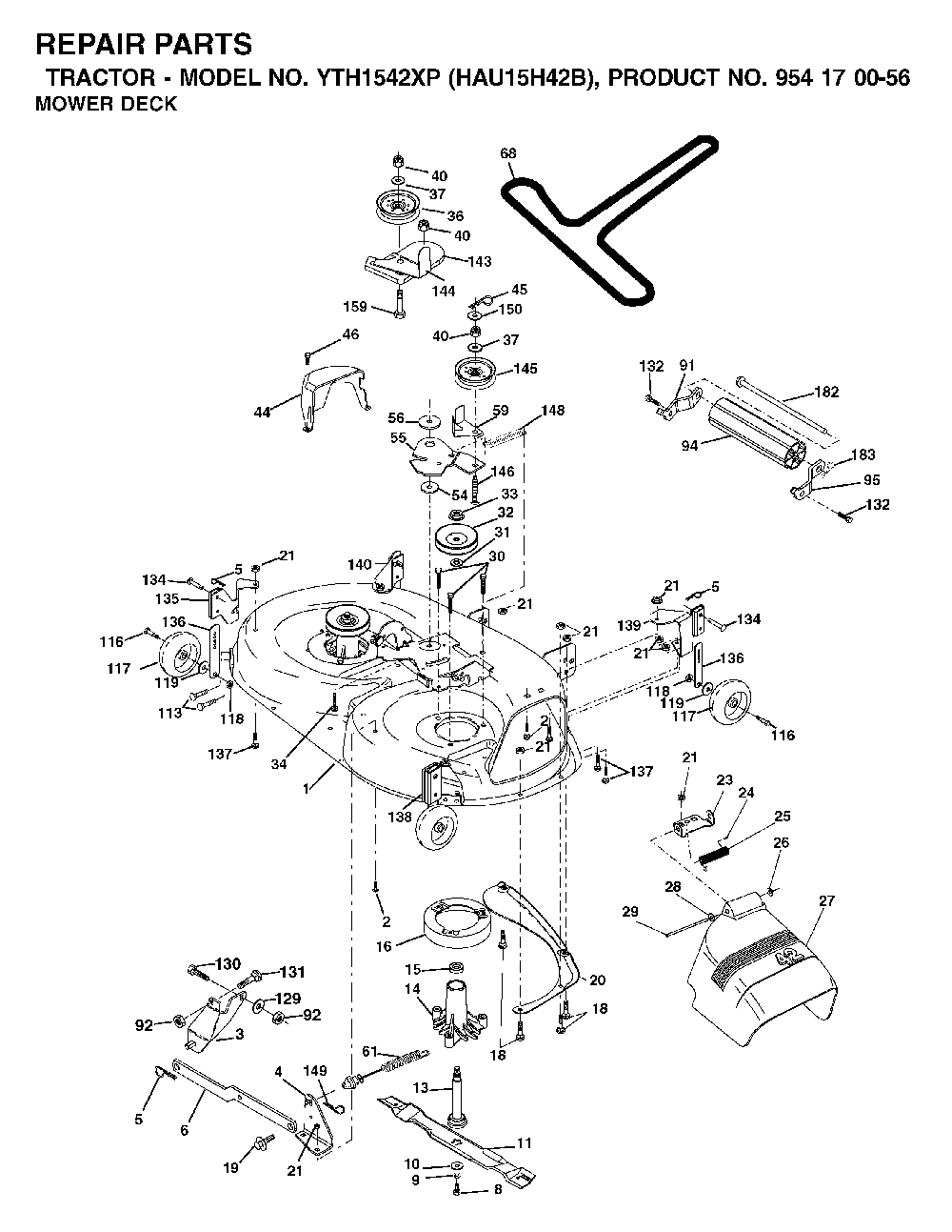 Mower Deck / Cutting Deck Diagram and Parts List for YTH1542XP (HAU15H42B, 954170056)(2003-01) Husqvarna Lawn Tractor