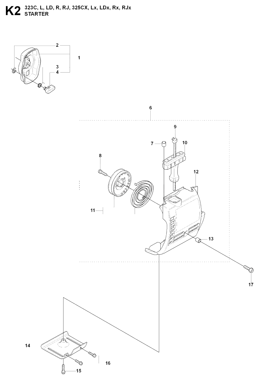 Starter 2 Diagram and Parts List for 325CX 20080900001 & Above Husqvarna Trimmer