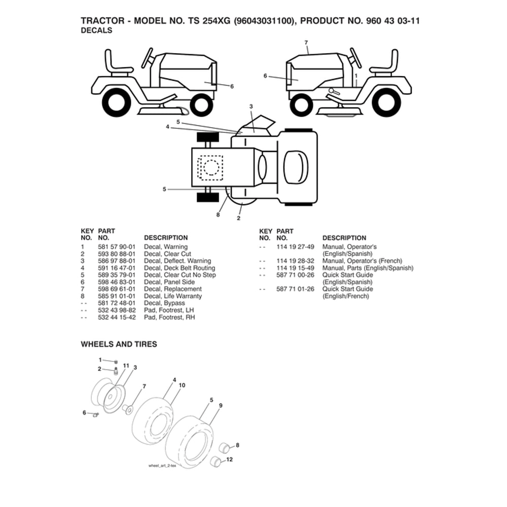 Wheels Diagram and Parts List for 96043031100  Husqvarna Lawn Tractor