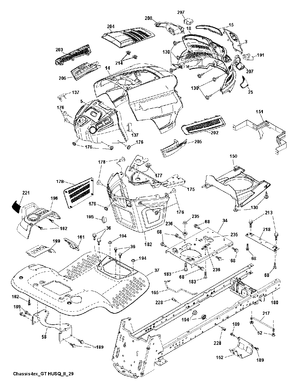 Chassis And Enclosures Diagram and Parts List for YTH2754T (96041022100)(2010-12) Husqvarna Lawn Tractor
