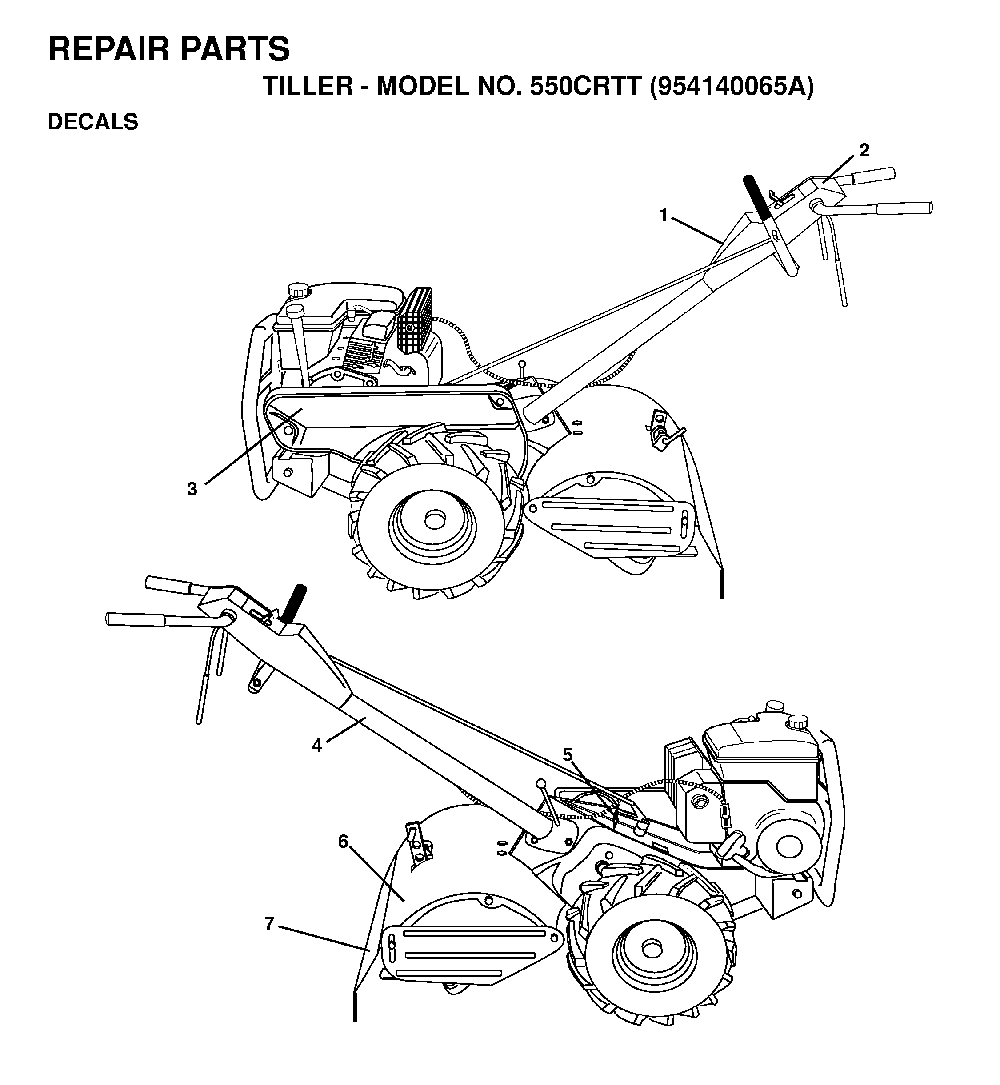Decals Diagram and Parts List for 550CRTT (954140065A)(1998-02) Husqvarna Tiller