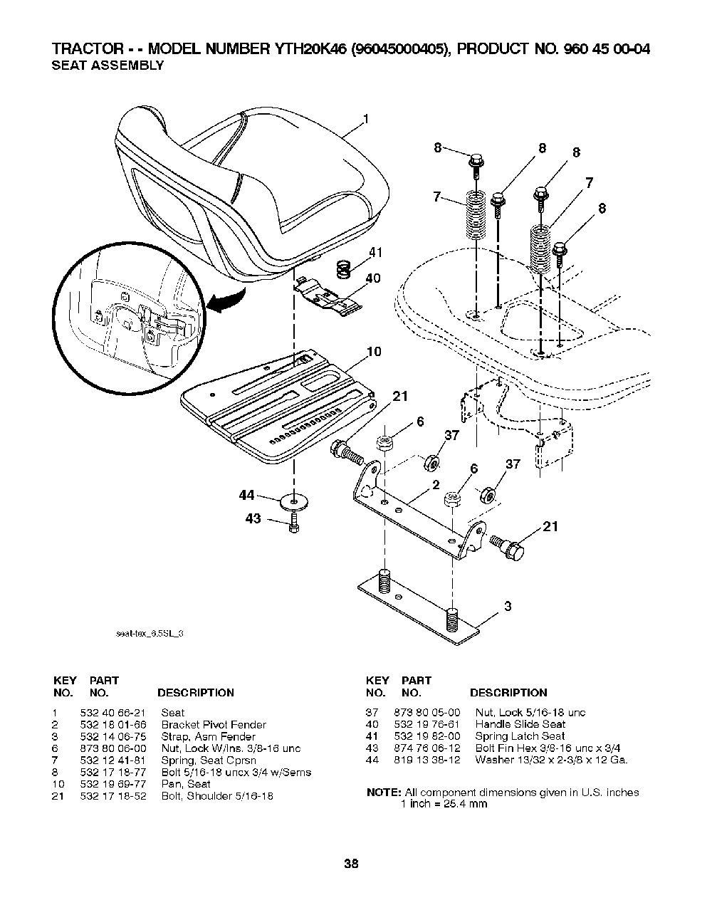 Seat Diagram and Parts List for YTH20K4696045000405 2008-01 Husqvarna Lawn Tractor