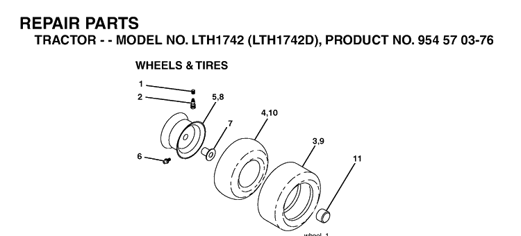 Wheels And Tires Diagram and Parts List for LTH1742-LTH1742D 2003-05 Husqvarna Lawn Tractor