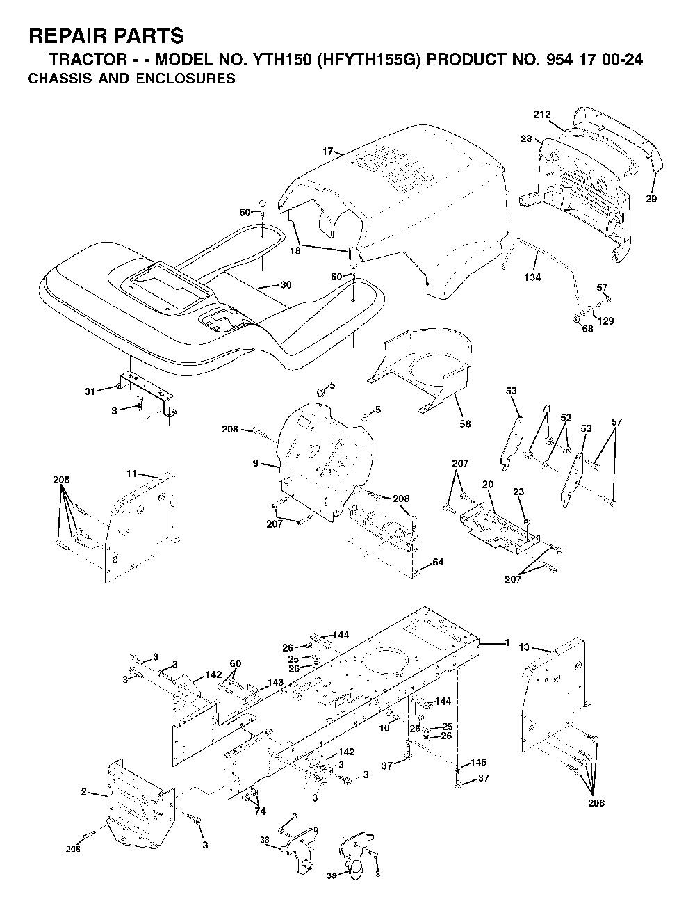 Chassis And Enclosures Diagram and Parts List for YTH150 (HFYTH155G, 954170024)(2001-01) Husqvarna Lawn Tractor