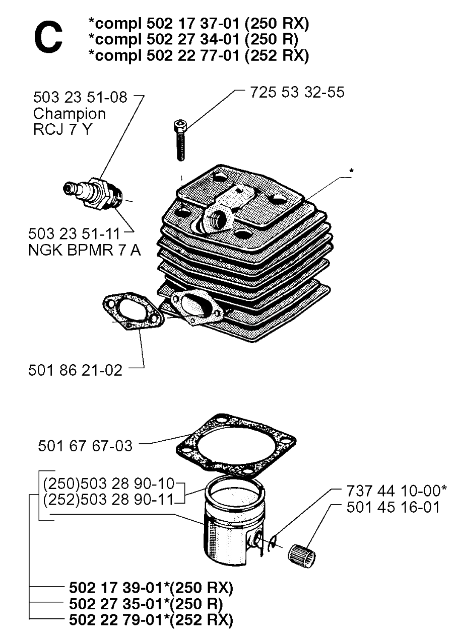 Cylinder Piston Diagram and Parts List for 250RX 19973100001 & Above Husqvarna Trimmer