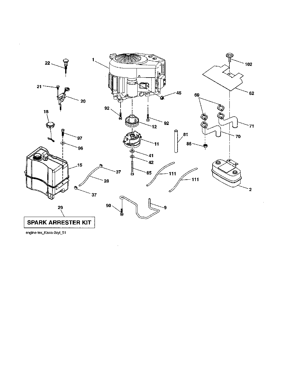 Engine Diagram and Parts List for YTH18K46-96043021800  Husqvarna Lawn Tractor