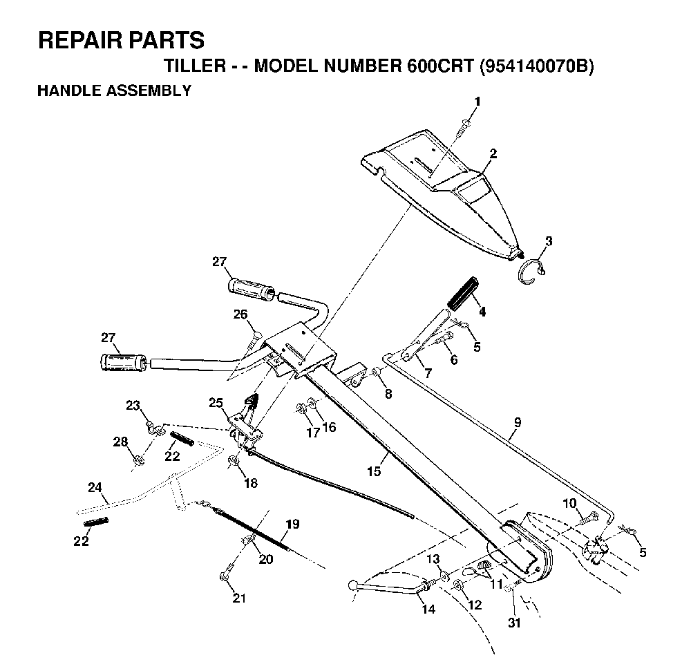 Handle And Controls Diagram and Parts List for 600CRT (954140070B)(1999-04) Husqvarna Tiller